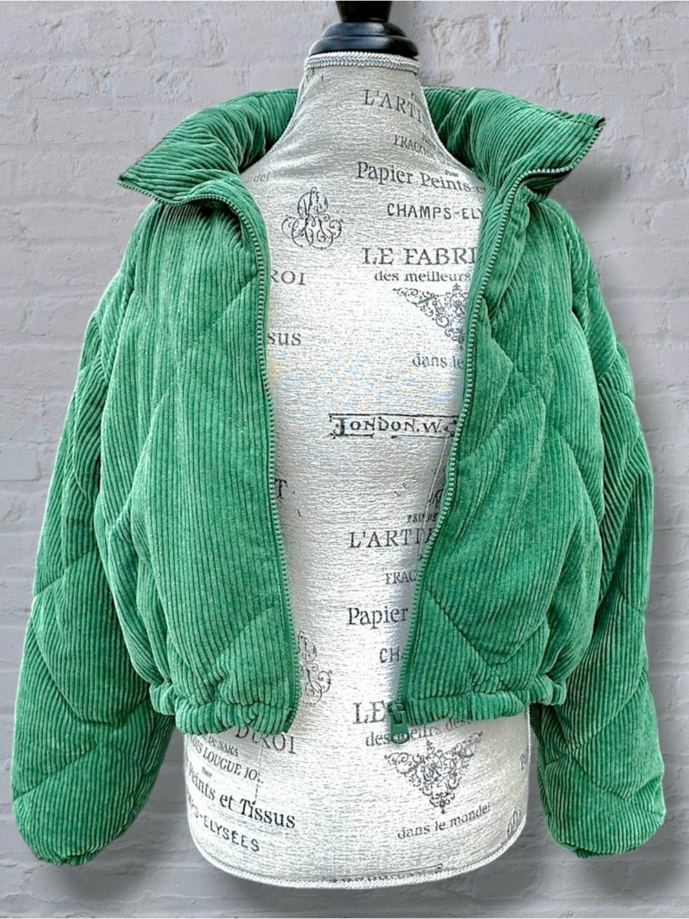 Love Tree Kelly Green Corduroy Cropped Puffer Jacket L Quilted Streetwear Coat - Picture 8 of 15
